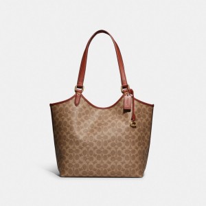 Coach Day Tote Bag In Signature Canvas Toteväska Dam Bruna Röda | 67ZNSLQGM