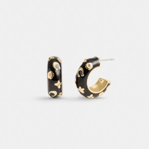 Coach Enamel Signature Floral Huggie Earrings Smycken Dam Guld Svarta | 25SQELNMF