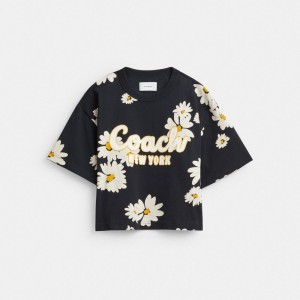 Coach Floral Cropped Signature Script T Shirt In Organic Cotton Blast Dam Svarta | 45RIZTYDW