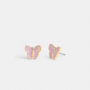 Coach Garden Butterfly Stud Earrings Smycken Dam Guld Lila | 86NVOAUQJ