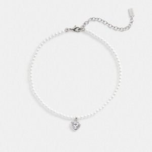 Coach Heart Pearl Choker Necklace Smycken Dam Silver | 13BHADESW
