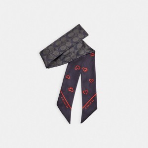 Coach Hearts Print Silk Skinny Scarf Halsduk Dam Svarta Röda | 41RFYKTUQ