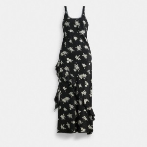 Coach Long Floral Ruffle Dress Klänning Dam Svarta Vita Olika Färger | 37DFIROVL