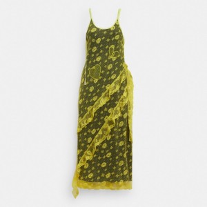 Coach Ruffle Lace Dress Klänning Dam Gula | 17XGKFNHJ