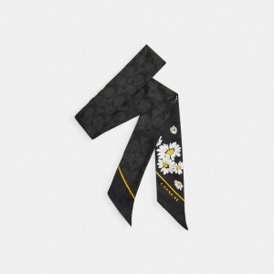 Coach Signature Daisy Cluster Print Silk Skinny Scarf Halsduk Dam Svarta | 57VYFQZPM