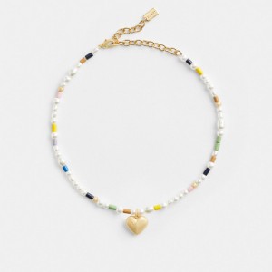 Coach Signature Heart Beaded Pearl Choker Necklace Smycken Dam Guld Olika Färger | 57DYKFIRW