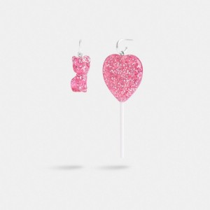 Coach The Lil Nas X Drop Cat And Heart Lollipop Mismatch Earrings Smycken Dam Silver Rosa | 63XHWGTRC