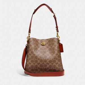 Coach Willow Bucket Bag In Signature Canvas Axelväska Dam Bruna Röda | 41CMQFSIZ